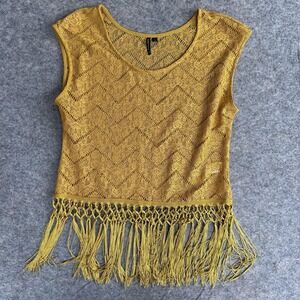 HeartSoul Sleeveless Top Womens Medium Yellow Crochet Fringe Boho Festival Sheer